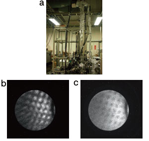 図2　光放出電子顕微鏡装置（a）とAuを選択した場合のイメージ（b）、Taを選択した場合のイメージ（c）