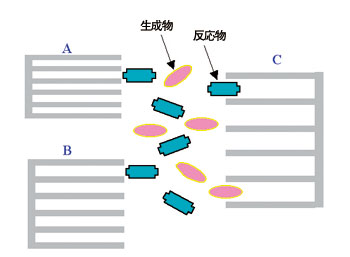 図2　細孔直径の異なる触媒A、B、Cによる化学反応