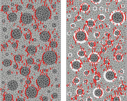 図1　普通骨材（左側）と再生骨材（右側）を使ったコンクリートの破壊の様子をシミュレーションした結果。