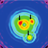 図2 太陽系外惑星観測の計算機シミュレーション。3つの矢印は地球型惑星の像。