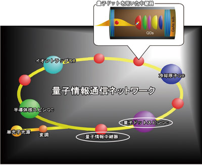 図3 量子コンピュータのネットワークと量子ドットを用いた中継機