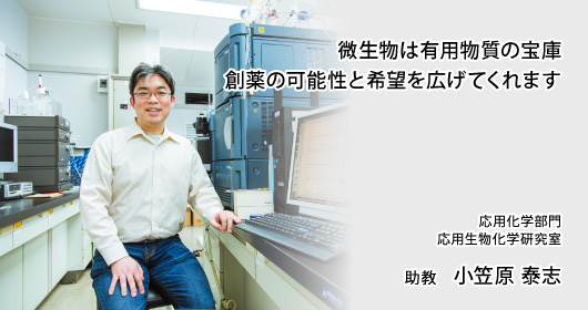 微生物は有用物質の宝庫
創薬の可能性と希望を広げてくれます 応用化学部門　応用生物化学研究室　助教　小笠原 泰志