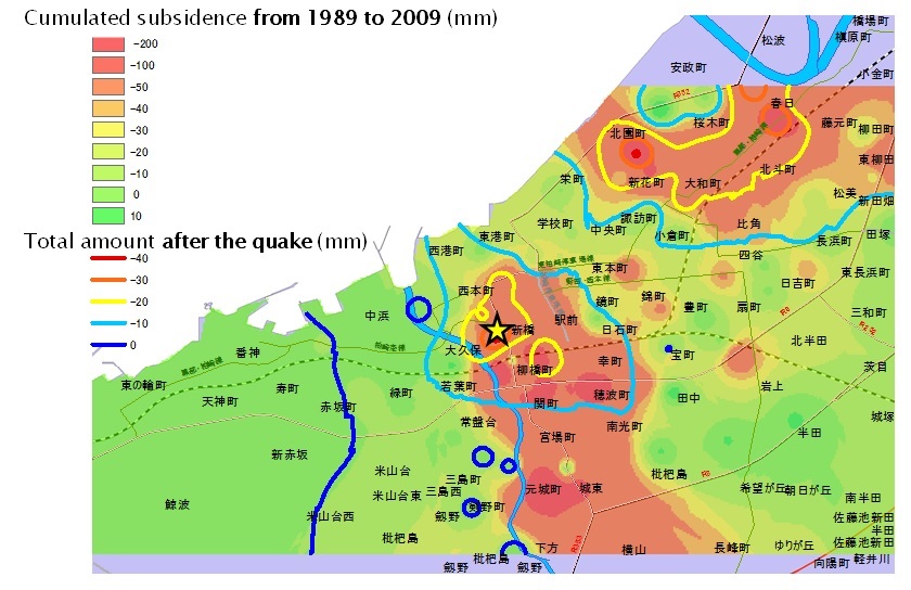 地震前・地震後の地表面沈下量分布